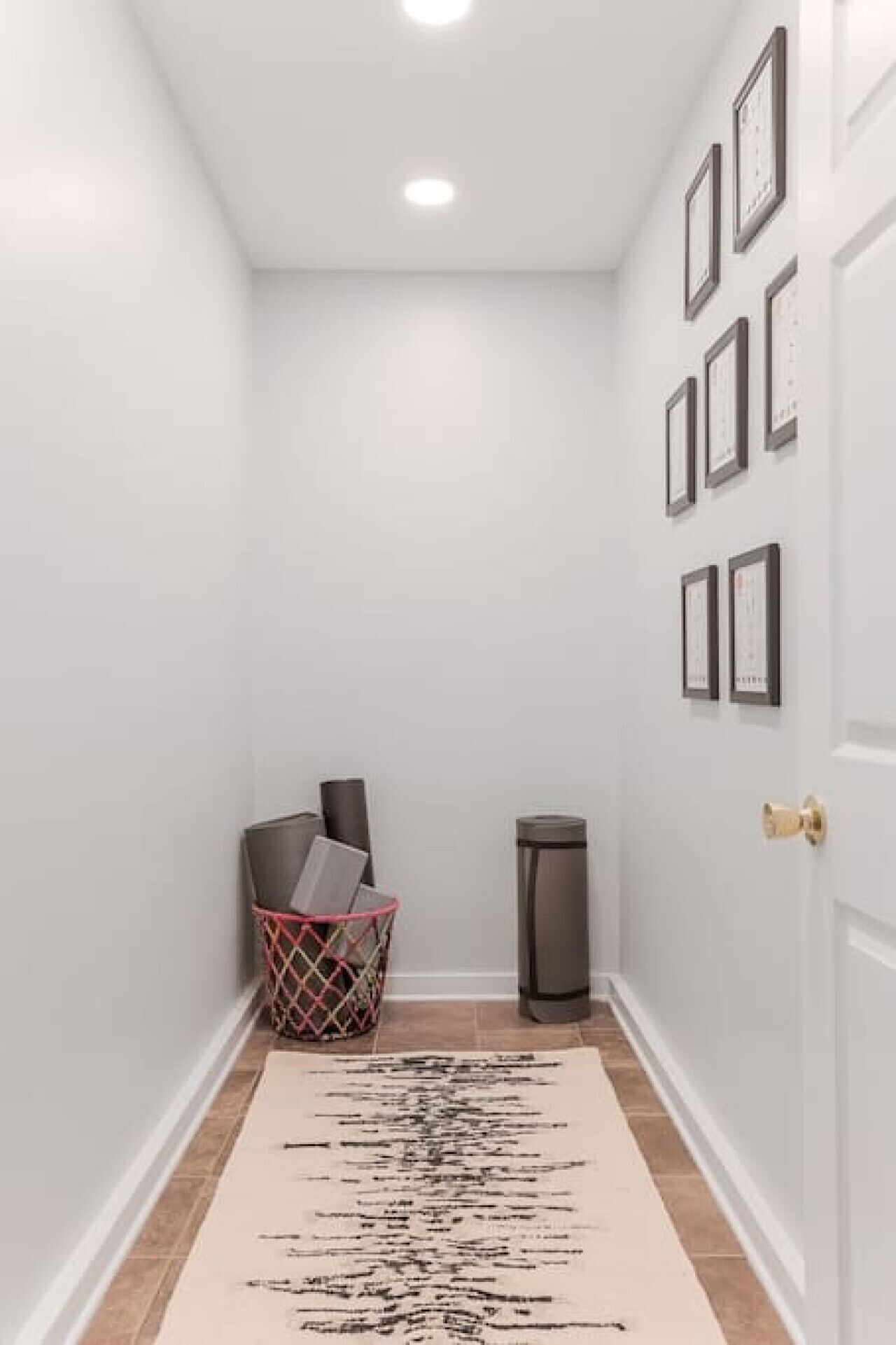 Un couloir étroit aux murs blancs, un tapis à motifs, une poubelle et un panier contenant divers objets.