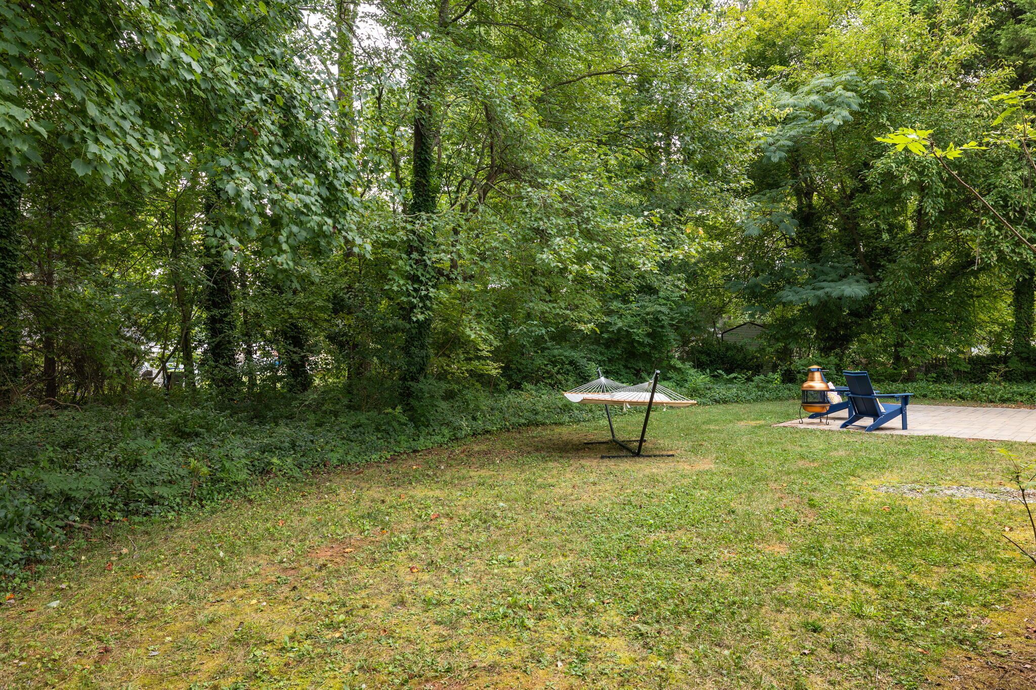 A park with a hammock and a chair, surrounded by dense trees.