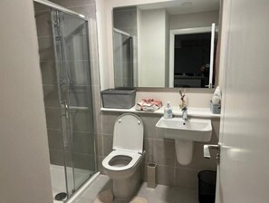 Shower, hair dryer, towels, soap