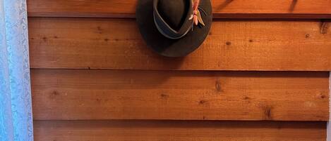 A wall with a wooden panel design, a black hat with a feather, and a coat rack above.
