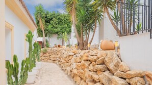 Un étroit sentier de pierre bordé de murs blancs et de cactus en pot.