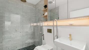 Douche, sèche-cheveux, serviettes fournies, shampoing