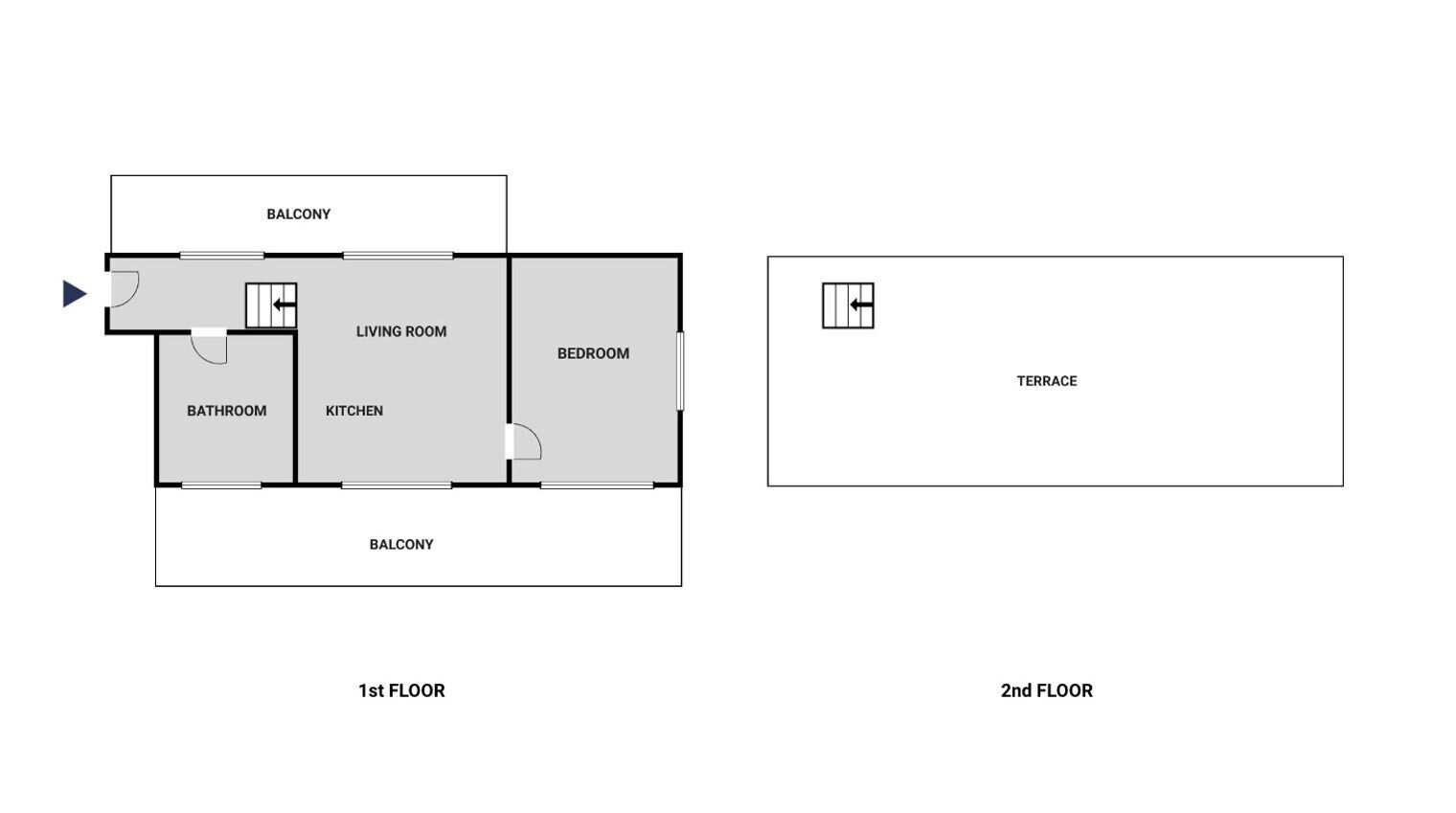 A floor plan with a living room, kitchen, bedroom, and balcony on the first floor, and a terrace on the second floor.