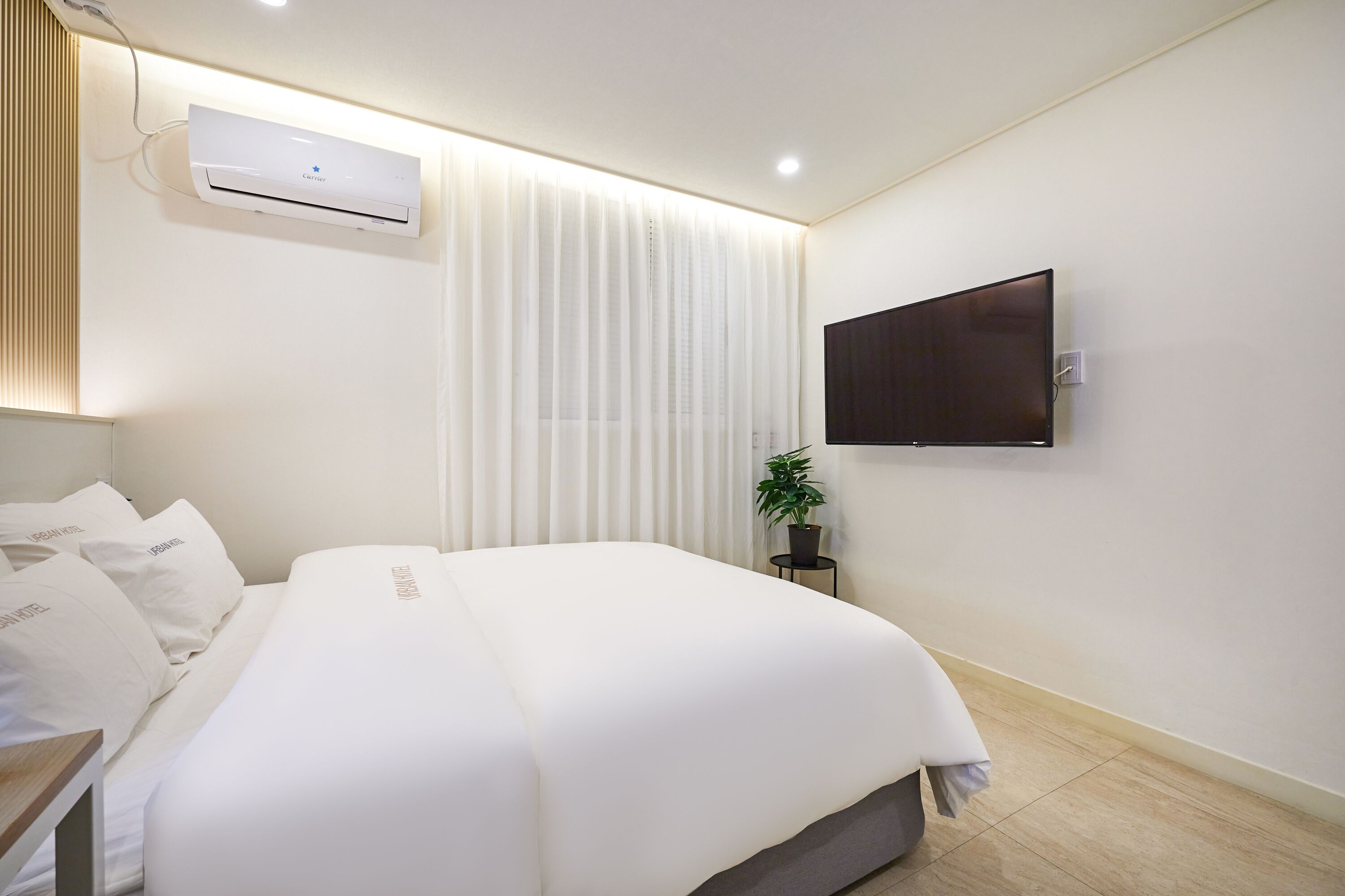 A hotel room with a bed, a TV mounted on the wall, an air conditioner, and a potted plant.
