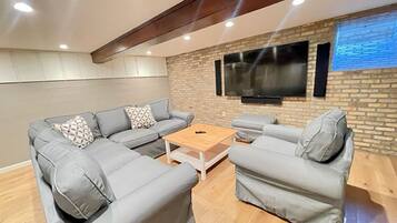 Smart TV, fireplace, foosball, table tennis