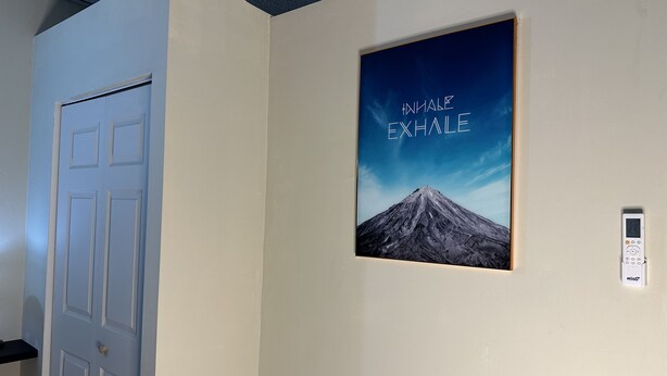Een gang met een deur, een poster van een berg en een thermostaat.