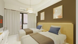 A hotel room with two beds, a large window with curtains, a ceiling light, and artwork on the walls. - Homefort at Shore 1 Residences (Pasay)