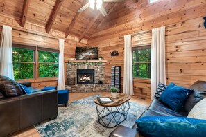 Smart TV, fireplace, DVD player, foosball