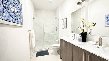 Hair dryer, towels, soap, shampoo
