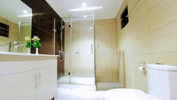 Shower, designer toiletries, hair dryer, slippers