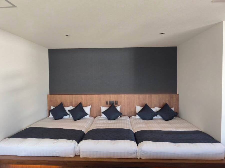 Un dormitorio amplio y moderno con cabecera de madera, varias camas y una gran pared oscura.