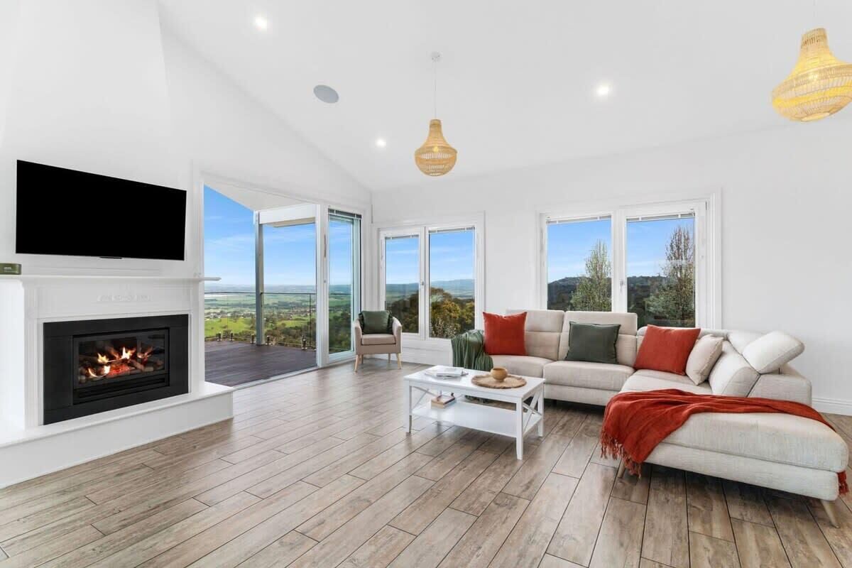 TV, fireplace, books, offices