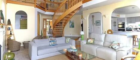 Smart TV, fireplace, foosball