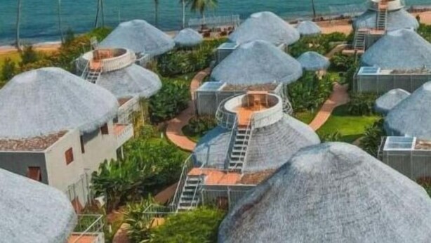 Wasserbungalows mit strohgedeckten Dächern, gruppiert um eine Wasseranlage, vor einer Kulisse aus Palmen und dem Meer.