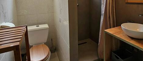 A bathroom with a toilet, sink, and shower area.