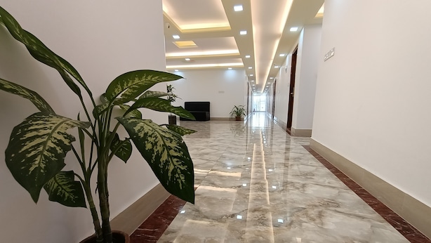 A long, well-lit hallway with a marble floor, potted plants, and a television on the wall. - Hotel D-Palace (Dhaka)