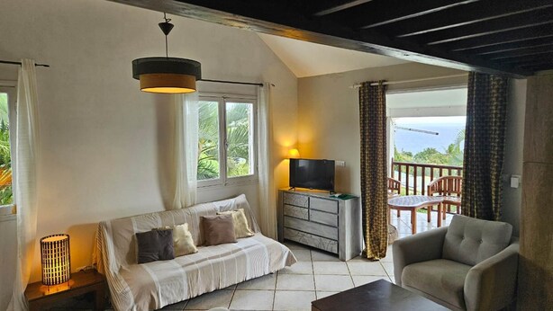A cozy living room with a sofa, a coffee table, and a TV on a dresser. There is a balcony with a view of the ocean. - Ylang6 Avec vue Panoramique (Saint Leu)