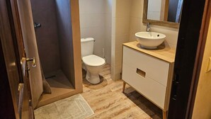 A bathroom with a toilet, a sink with a mirror, and a shower area. - Ylang6 Avec vue Panoramique (Saint Leu)