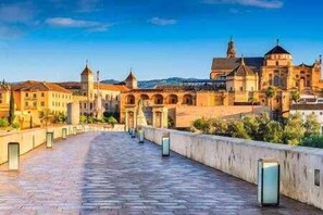 A paved walkway with a view of historic buildings and a clear sky. - Mezquita House Free Parking (Cordoba)