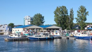 Un puerto deportivo con varias embarcaciones amarradas, una zona cubierta donde hay gente, y edificios al fondo.