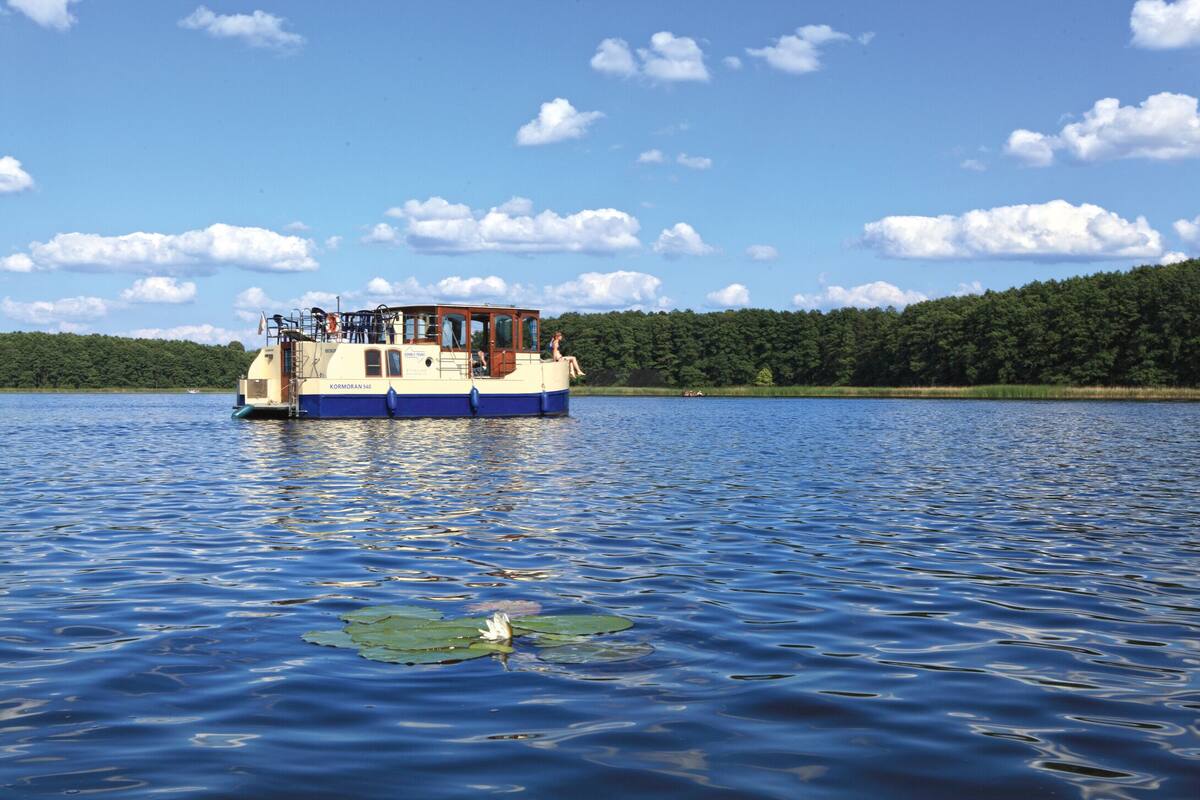 Ein Boot mit einer Kabine und Sitzgelegenheiten auf dem Deck, das auf ruhigem Wasser schwimmt, mit bewaldeter Uferlinie im Hintergrund.