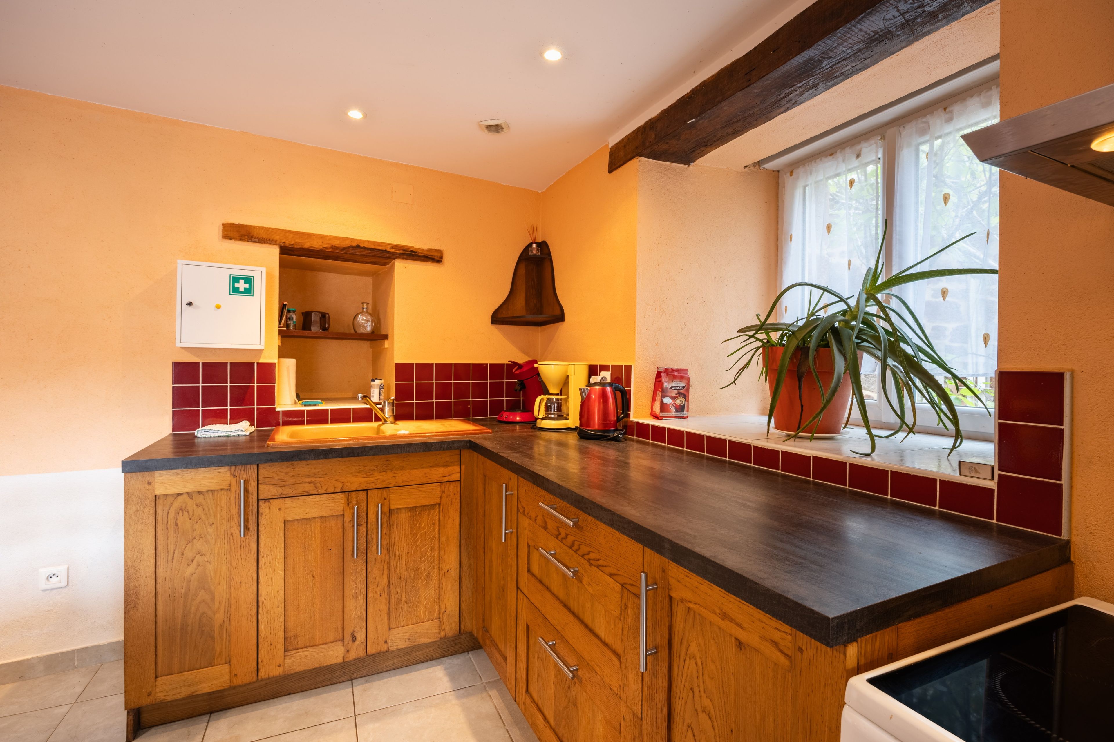 Una cocina con armarios de madera, un lavamanos empotrado, una ventana con una planta y un hervidor rojo.