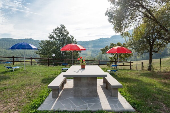 A picnic table with a potted plant, two red umbrellas, and a view of a hilly landscape.