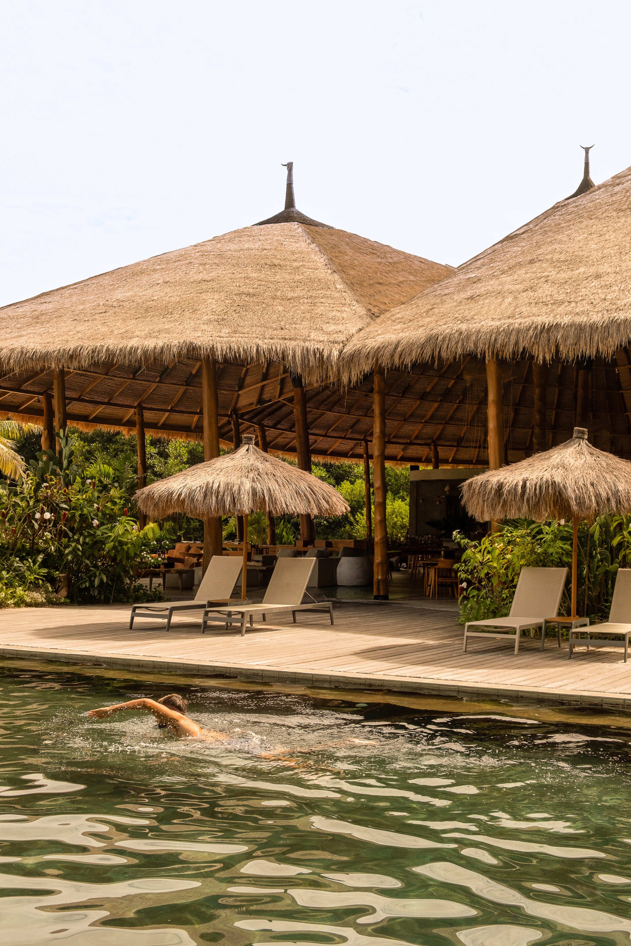 A poolside area with thatched umbrellas, lounge chairs, and a wooden deck.