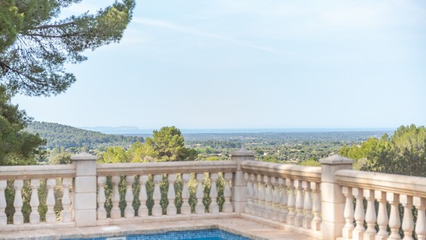 Ein Pool mit Steinbalustrade, umgeben von Grünpflanzen und einer entfernten Landschaftsansicht.
