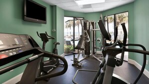 Ein Fitnessraum mit Cardiogeräten, einem Fernseher und großen Fenstern mit Blick auf Palmen.
