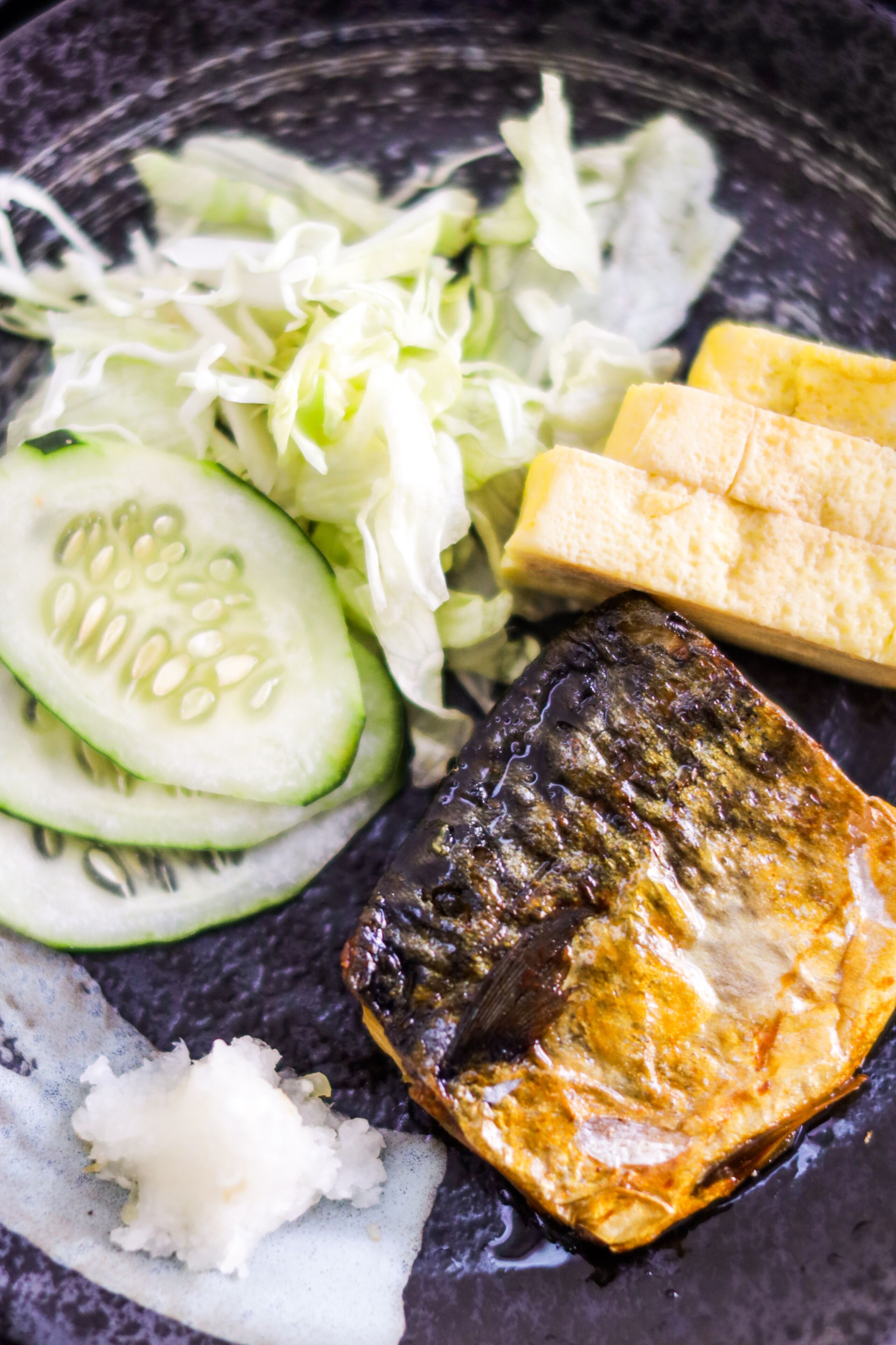A plate with grilled fish, cucumber slices, shredded cabbage, and tofu.