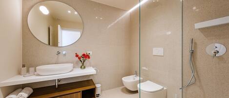 A modern bathroom with a large mirror, a sink, a bidet, and a shower.