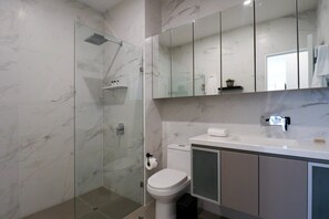 Shower, hair dryer, towels, shampoo