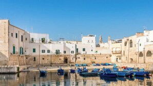 A coastal town with stone buildings, a calm harbor, and boats docked. - Le Terrazze di Don Nino (Polignano a Mare)