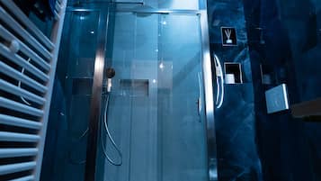 Shower, hair dryer, bidet, towels