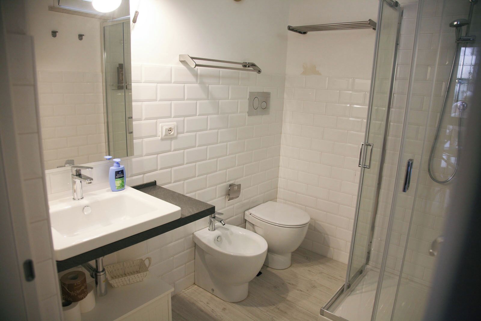 A modern bathroom with a white sink, a toilet, and a glass-enclosed shower.