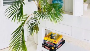 A room with a white door, a blue lamp, a plant, and a Monopoly game box.