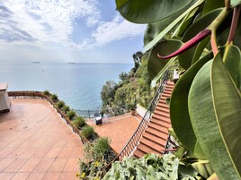 A terrace with a view of the sea, a staircase, and potted plants.