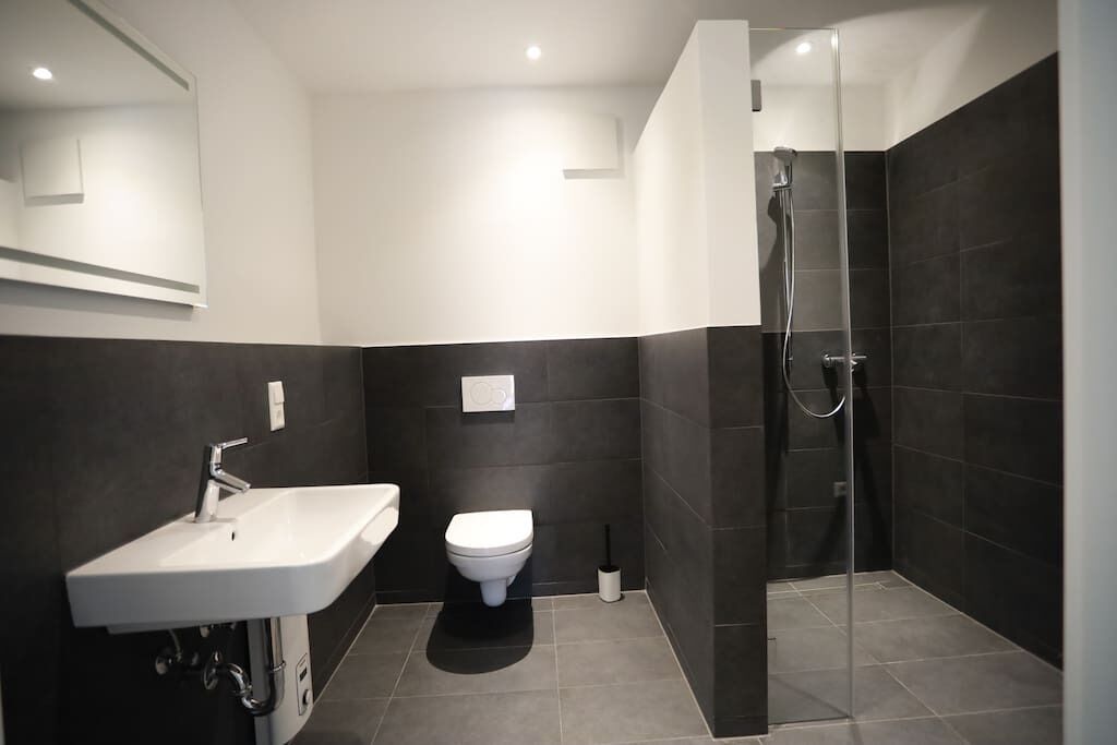 A modern bathroom with a white sink, a toilet, and a glass-enclosed shower area.