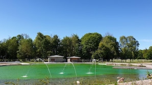 A swimming pool with a fountain, surrounded by trees and a fence. - Les Trelles - Pleurs (Pleurs)
