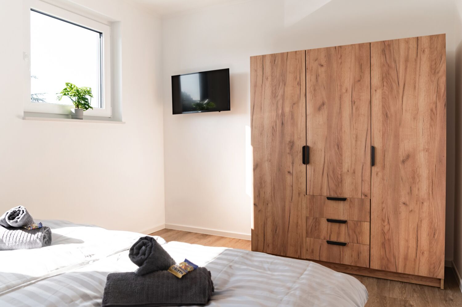 Una camera da letto con un letto, un ampio guardaroba in legno, una TV a parete e una finestra con una pianta.