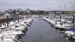 A marina with numerous boats docked along a narrow waterway, surrounded by buildings and trees in the background. - Porto Ocean Flat (Vila Nova de Gaia)