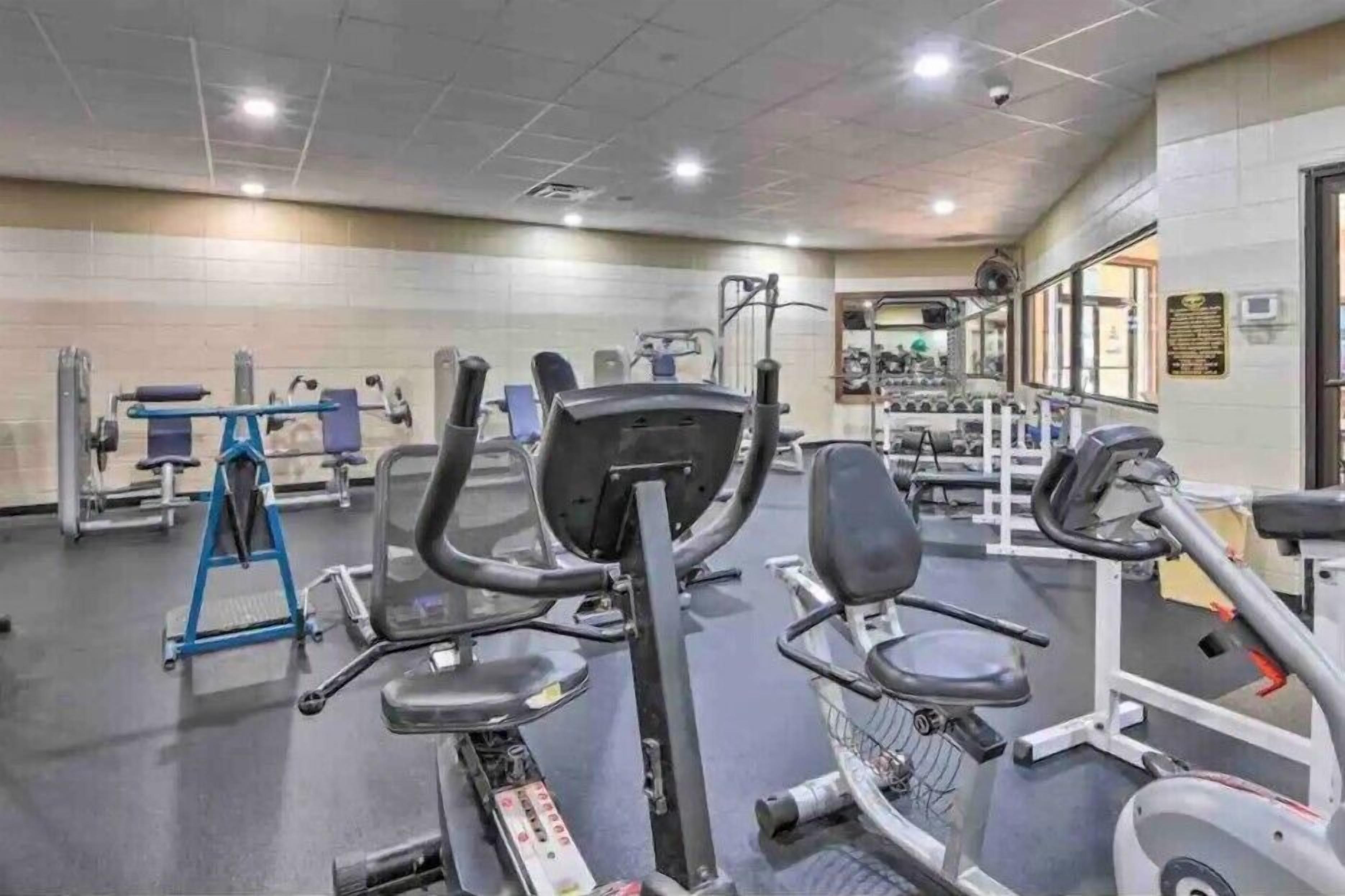 A gym with various exercise equipment, including treadmills and weight machines.