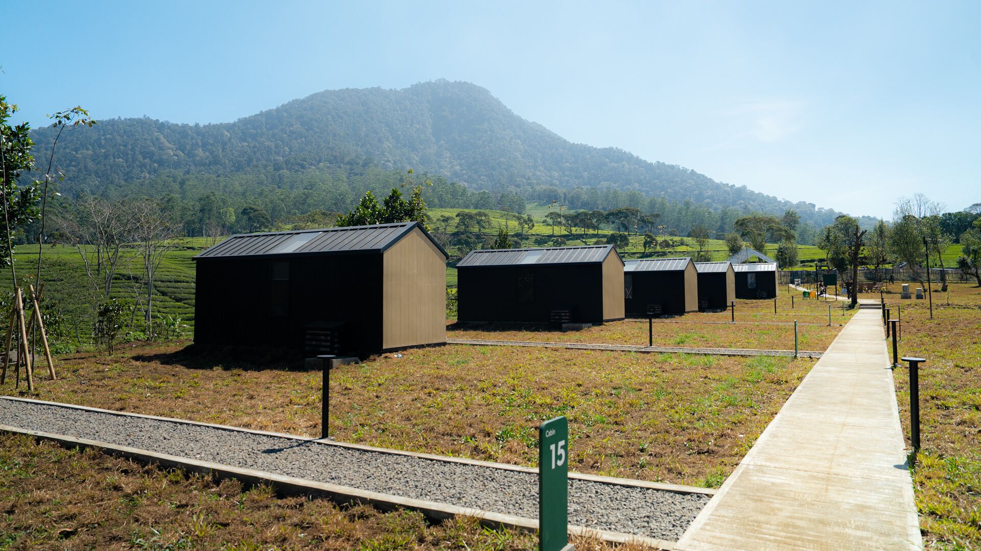 A row of cabins with a gravel path leading to them, set against a backdrop of a mountain and green fields.