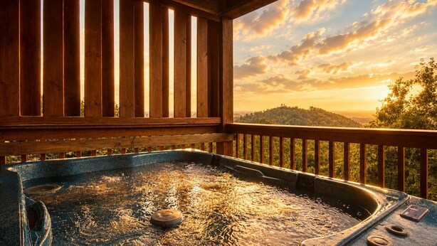 Ein Whirlpool mit Holzterrasse und Geländer mit Blick auf eine malerische Landschaft aus Bäumen und Hügeln bei Sonnenuntergang.