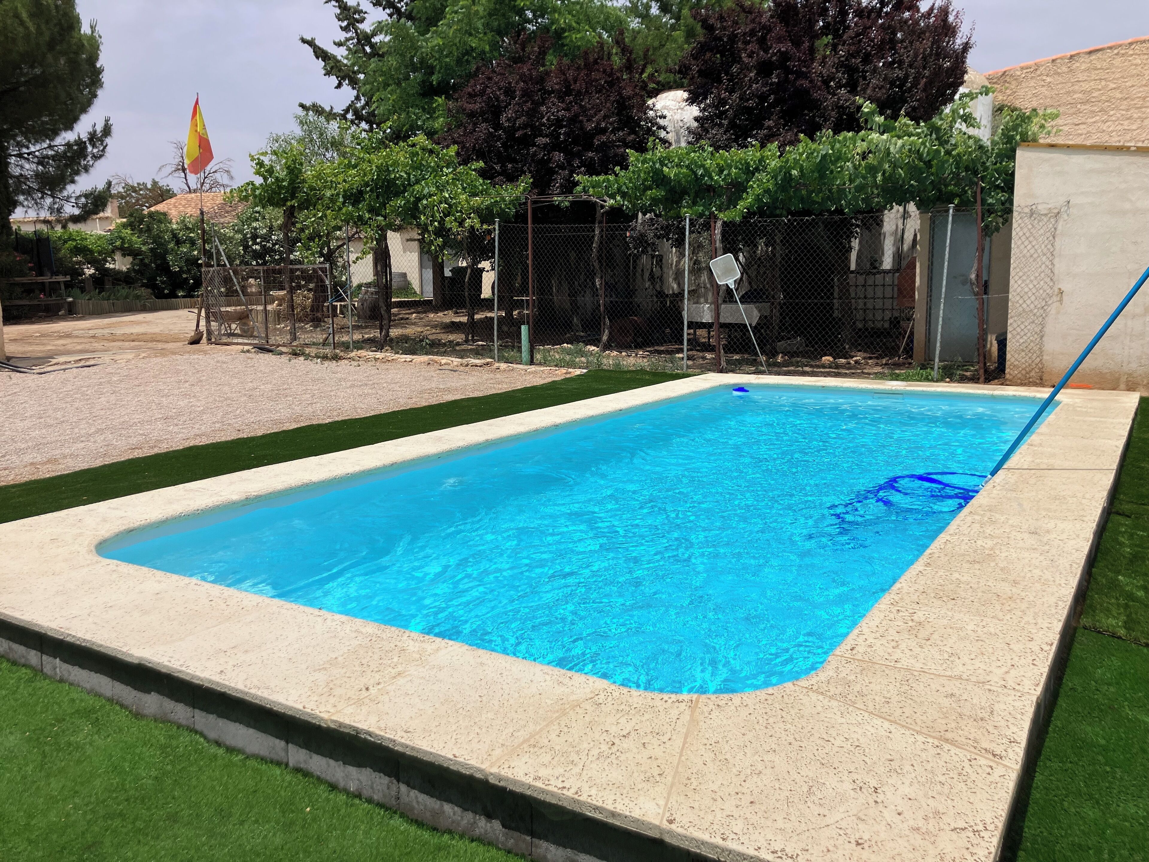 A rectangular swimming pool with a clear blue water surface, surrounded by a concrete deck and a grassy border.