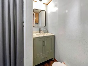 Bathtub, hair dryer, towels, shampoo