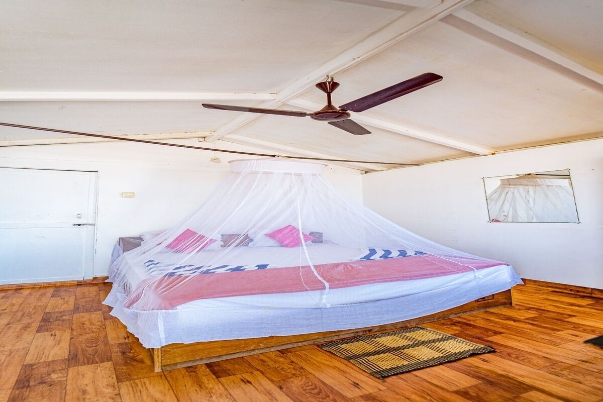 A single bed with a mosquito net, a ceiling fan, and wooden flooring.