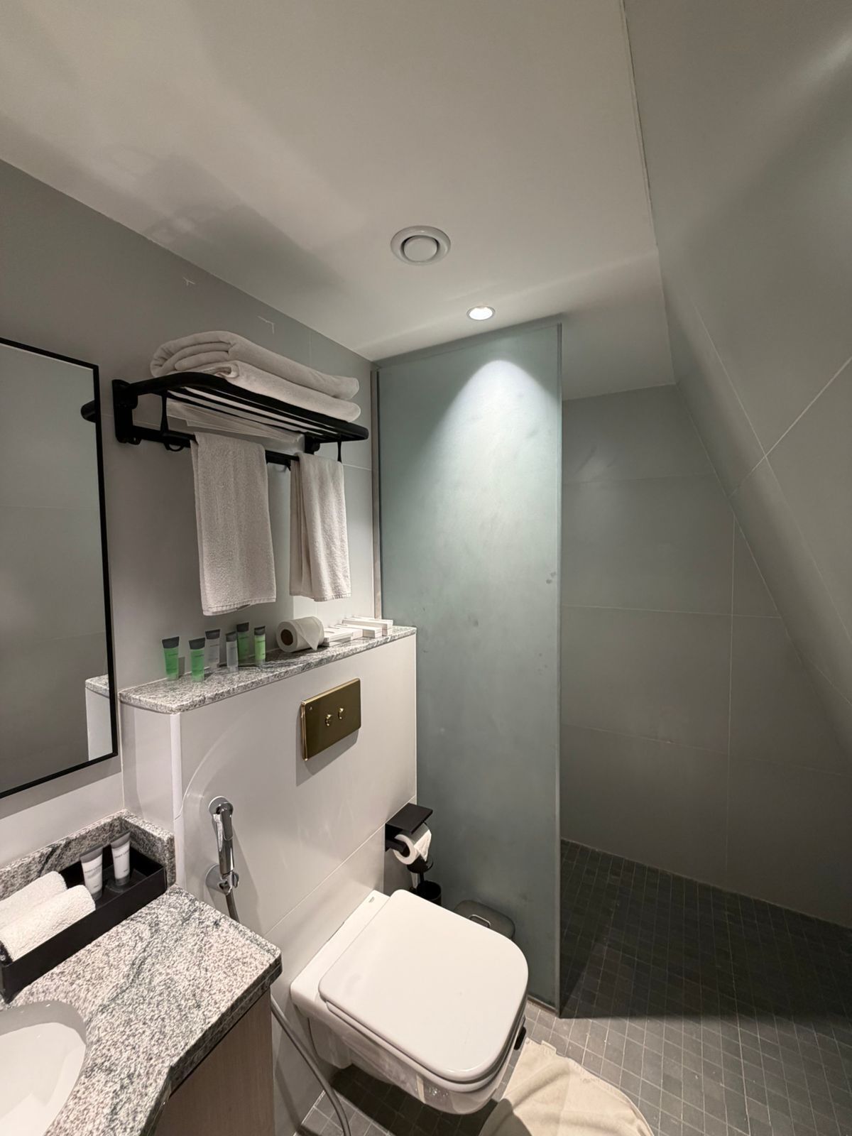 A modern bathroom with a sink, mirror, towel rack, and toilet.