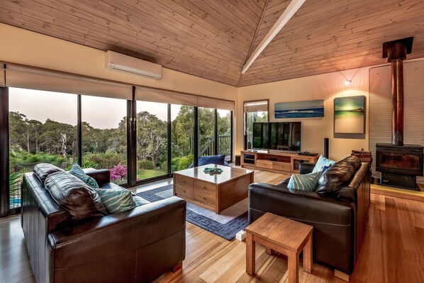 TV connectée, cheminée, lecteur de DVD, baby-foot